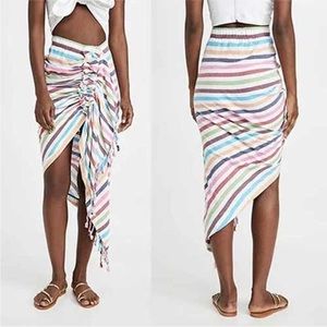 Just Bee Queen Tulum Striped Ruched Cotton Skirt Women's Rainbow Size: M